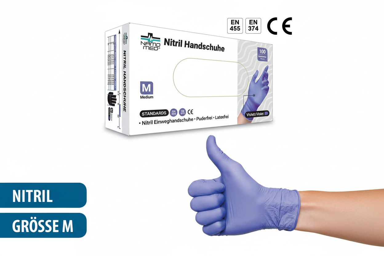 Einweghandschuhe Nitril 100er Pack – puderfrei, latexfrei, Größe M, violett | Namomed - Fluxo